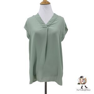 H By Halston Blouse Womens XS Extra Small Aqua Gray Split Neck Cap Sleeves Top